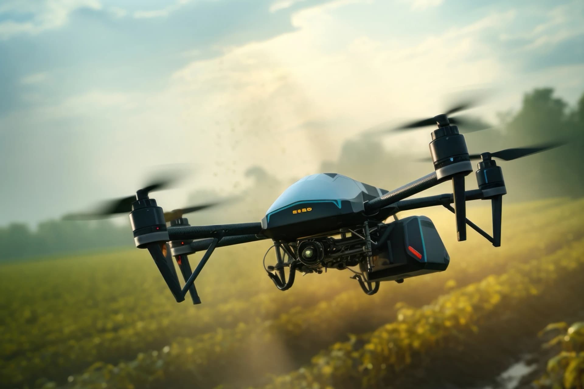 Drone agrícola de alta precisão sobrevoando lavoura